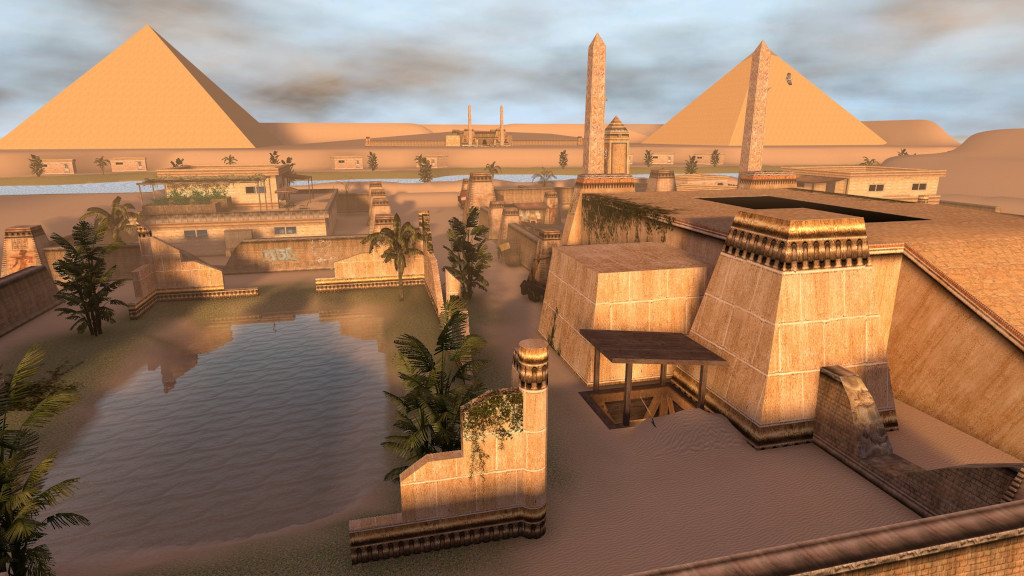 Egyptian Temple with an oasis beside it, two large pyramids in the background