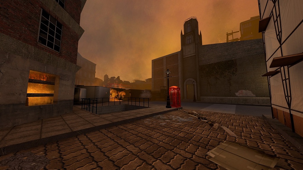 Over turned Oil truck burning a building, distant fires contributing to an orange apocalyptic scene