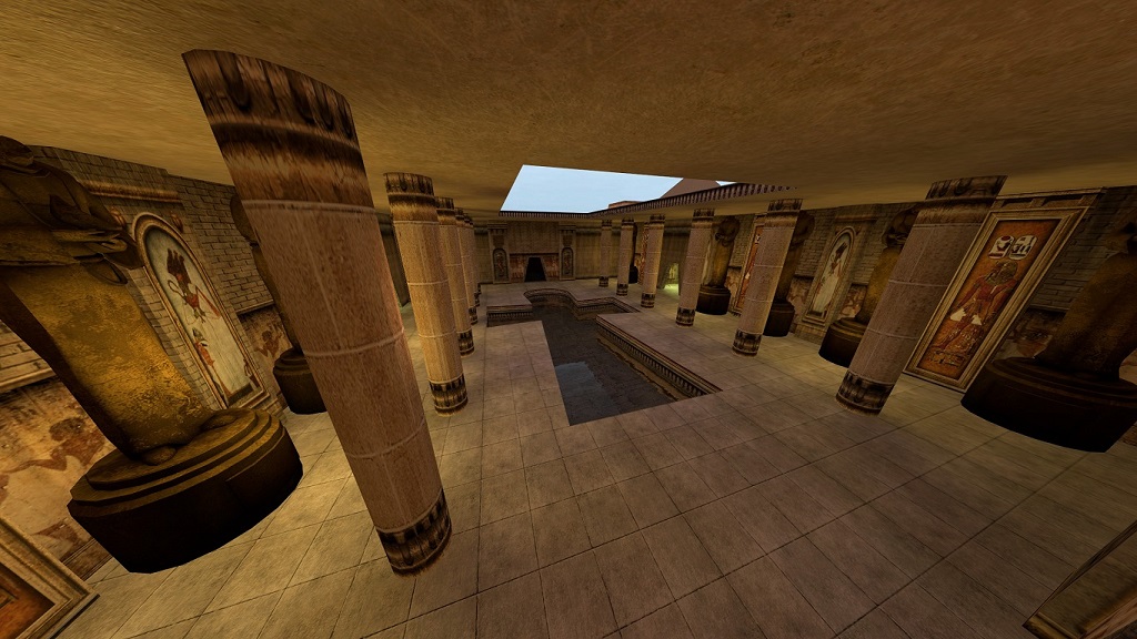 Interior of an Egyptian Temple with pillars and statues flanking an Ankh pool in the centre