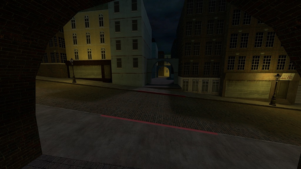 Darker scene of a side alley centre screen intersecting with the up hill street